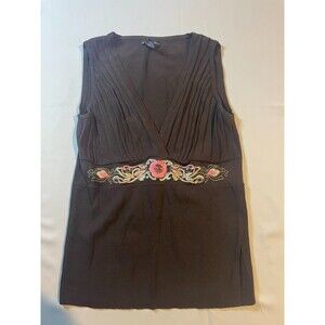 New York & Company Tank Top Women Medium Brown Knit Embroidered Floral Faux Wrap